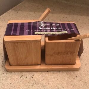 Totally Bamboo Double Dipper Salt & Storage boxes with spoons & Stand- NWT